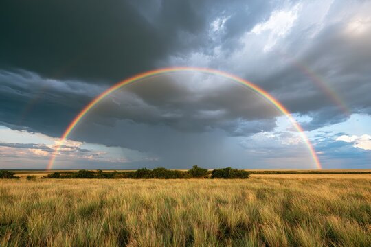 A vibrant double rainbow arcs over a grassy plain under dramatic stormy skies