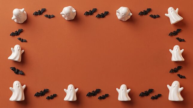 A festive halloween frame featuring a 3d ghost and bat border arranged on a solid orange background surface