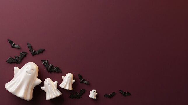 A festive halloween background featuring a 3d ghost and bat border arranged on a solid dark maroon surface