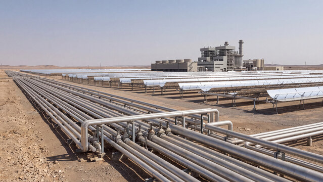 solar power and thermal energy generation, parabolic trough collectors and long insulated pipelines with control valves at a desert power station for renewable electricity production