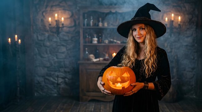A captivating witch holds a glowing jack o' lantern creating a spooky and enchanting halloween atmosphere