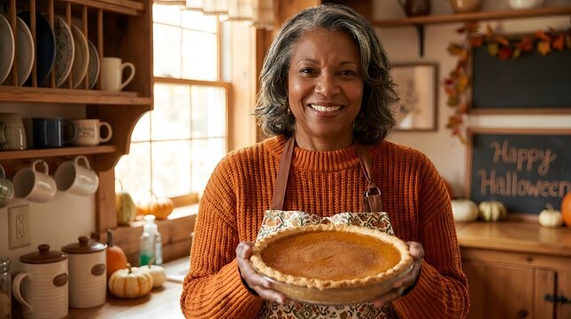 A warm and inviting autumnal scene featuring a smiling woman proudly presenting a delicious pumpkin pie for the holidays