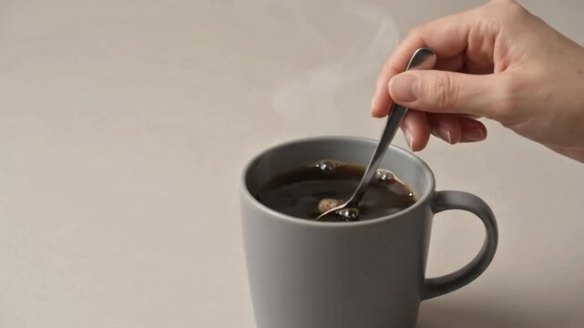 Hand stirring a hot steaming cup of black coffee with a silver spoon in a minimalist grey mug on a neutral background