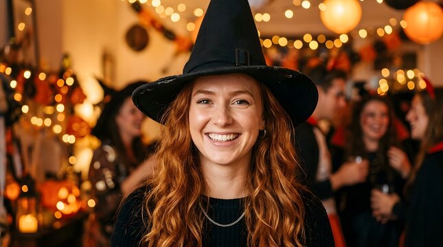 A captivating portrait of a smiling woman in a witch's hat during a vibrant halloween celebration