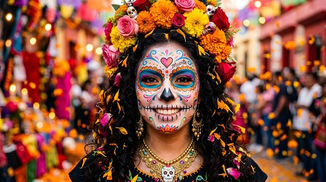 A vibrant portrait of a woman adorned with a beautiful floral crown and traditional day of the dead makeup