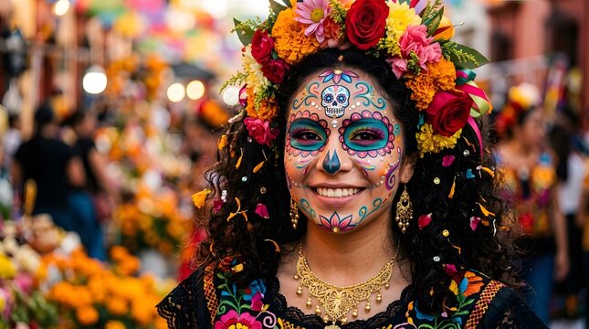A vibrant portrait of a woman adorned with floral and colorful face paint for a festive celebration