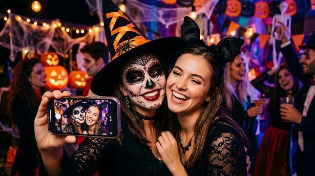 Celebrating the spooky season with friends capturing memories at a vibrant halloween party with dazzling lights