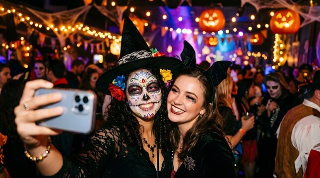 A vibrant halloween night scene showcases a woman in festive makeup taking a selfie amidst a lively crowd