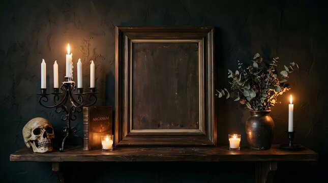 A spooky halloween still life candles skull and antique frame in a dark and mysterious setting