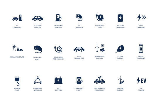 Icon set of electric vehicle charging infrastructure showing various symbols related to charging stations and technologies