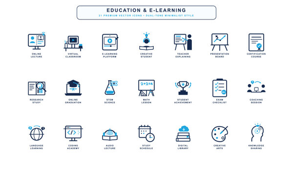 Collection of education and e-learning icons used in online learning materials and platforms for various educational activities and resources