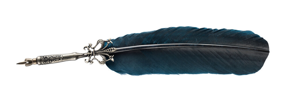 Antique-style feather quill pen with an ornate metal handle and nib, designed as a vintage writing instrument. Elegant old-fashioned dip pen, calligraphy pen and ink writing tool.