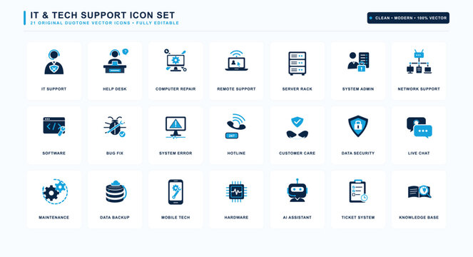 Icon set for IT support featuring various symbols for technical assistance and services