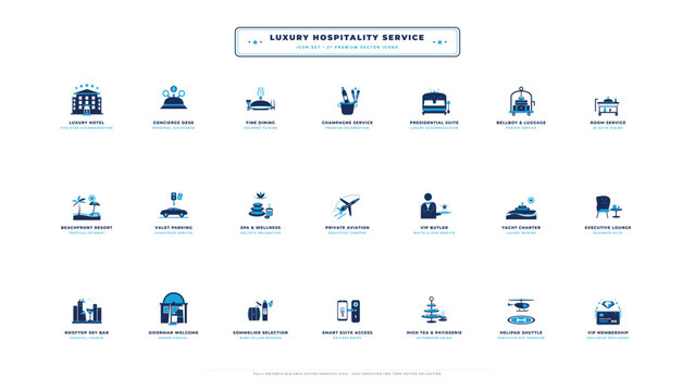 Icon set displaying luxury hospitality icons for various services and amenities in high-end hotels and resorts