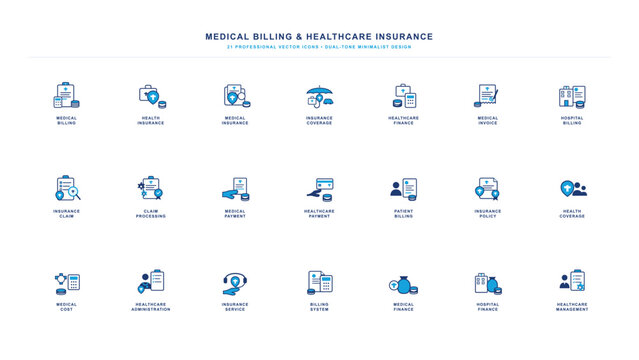 Billing healthcare insurance icon set with various financial and administrative symbols relevant to medical billing