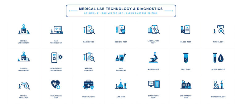 Collection of medical lab diagnostics icons featuring various lab technologies and procedures for healthcare applications