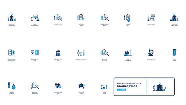 Set of medical lab diagnostics icons arranged in a grid format showing various tools and symbols related to laboratory work and health services