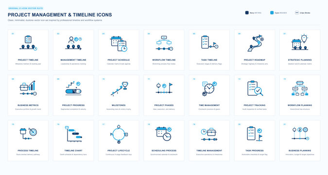 Management timeline icons vector set for project planning and organization