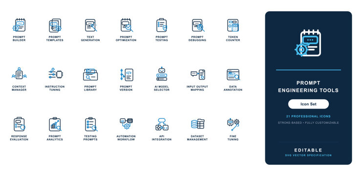Icon set for prompt engineering tools featuring various icons for different functionalities and features related to prompt management and design