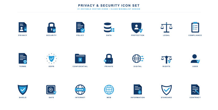 Icon set featuring privacy and security symbols in a clean and minimal style for digital and legal use