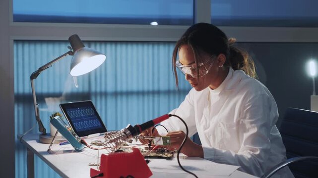African American female electronics engineer wearing protective glasses and white coat testing a motherboard with multimeter in a modern indoor laboratory during daytime.