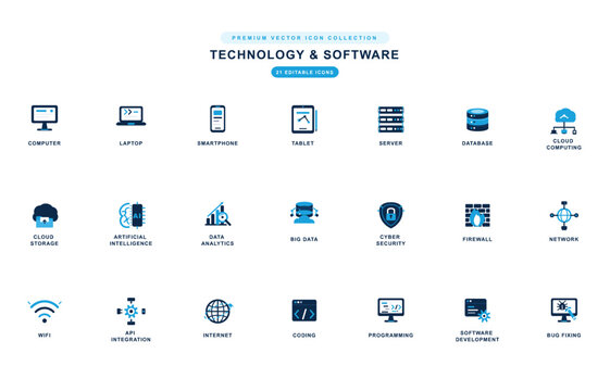 Icons showing technology and software tools for various purposes within a digital context