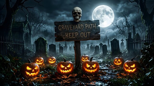A spooky halloween graveyard scene featuring jack o' lanterns a full moon and ominous tombstones