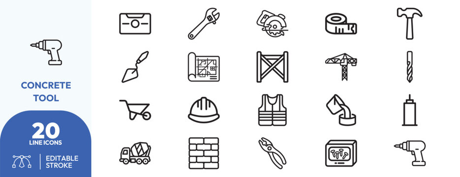 Construction Tools drill, hammer, trowel, safety, helmet, mixer, tape, formwork, vest, glove. Editable stroke. Vector illustration.