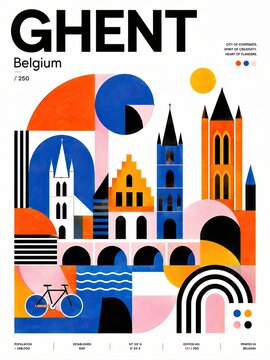Geometric travel poster featuring Ghent, Belgium, with colorful stylized architecture, historic towers, waterways, bicycle, and bold typography.
