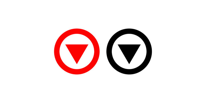 Red and black circle with downward pointing triangle symbol for down or download.
