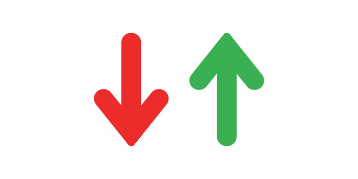 Red down arrow and green up arrow icons for financial growth and market trends visualization.