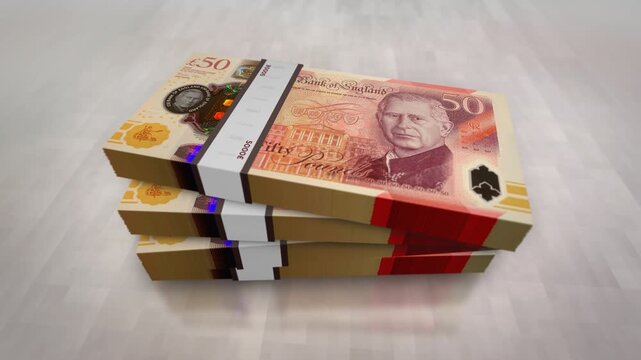 Great Britain pound sterling english money pile pack. Concept background of economy, banking, business, crisis, recession, debt and finance. UK 50 GBP banknotes stacks 3d.