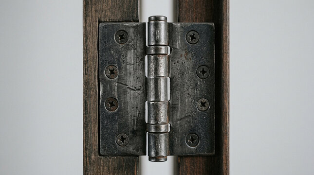 Old Metal Door Hinge on Dark Wood