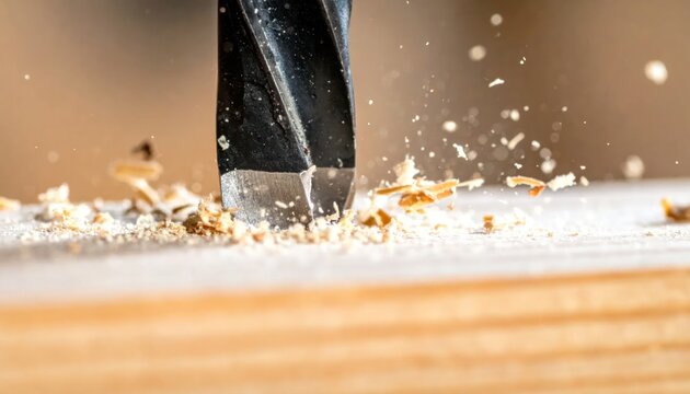 Close-up macro shot of a drill bit boring a hole into a wooden surface, creating wood shavings.