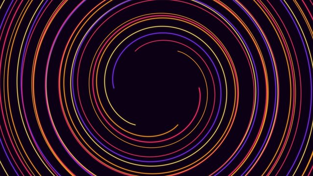 Abstract circular spiral vortex background of neon yellow pink and purple glowing line trails on dark base.