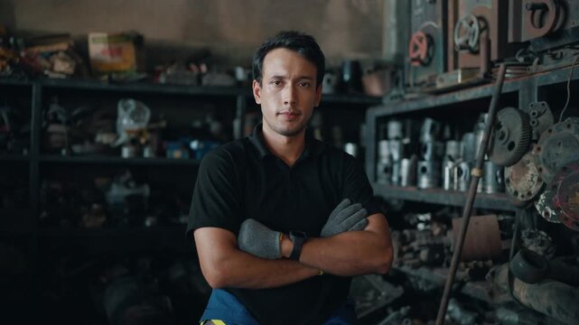 Focused mechanic stands in cluttered workshop. Shelves hold tools and broken parts. Dark space shows worn machinery and grease