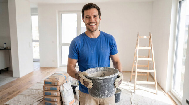 Smiling man holding a bucket of plaster in a home renovation setting  