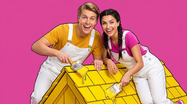 Smiling couple painting a colorful roof together with joyful expressions  