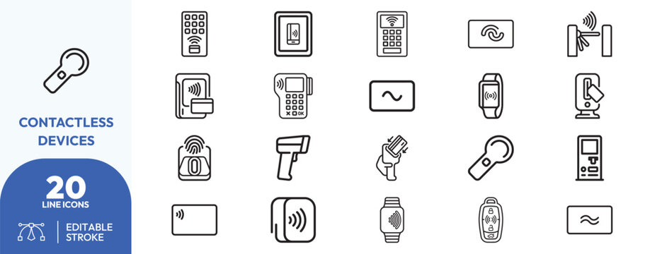 Contactless entry smartlock, cardreader, biometric, wearable, payment. Editable stroke. Vector illustration.