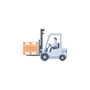 Forklift truck illustration with driver and wooden pallet