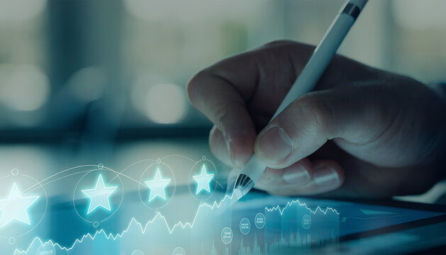 Hand writing on glass, blue business chart with stars, digital analysis concept, financial growth data visualization, modern office work, technology interface