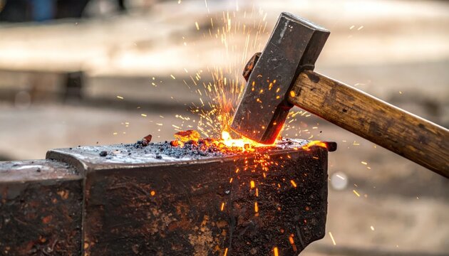 Close-up of a blacksmith hammering glowing hot metal on an anvil, sparks flying