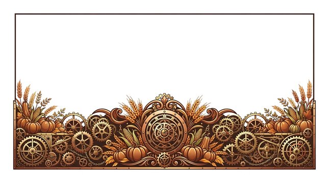Steampunk autumn harvest border with clock gears, cogwheels, pumpkin, wheat and corn, vintage brass frame with copy space for card design