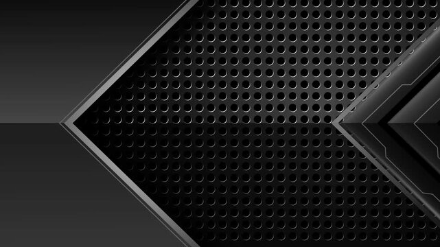Abstract dark metallic background with chevron arrows and perforated texture animation