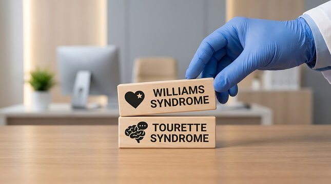 Doctor hand placing wooden blocks with williams syndrome and tourette syndrome text on a desk in office