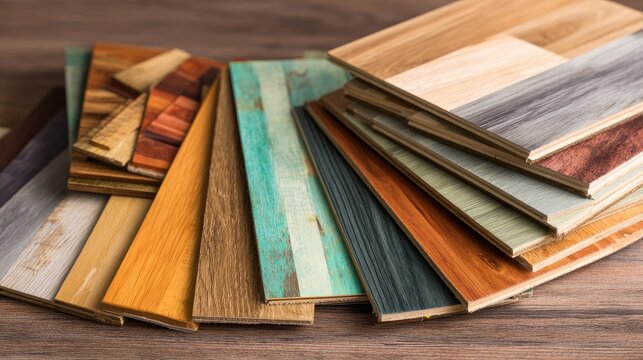 Assorted wood planks samples in various colors and textures for flooring design