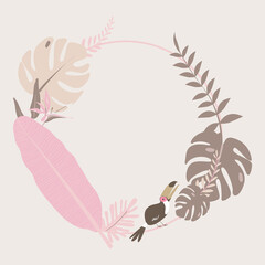 Fototapeta premium Rose gold botanical frame with tropical leaves and toucan bird