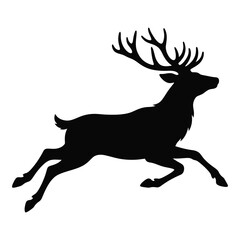 Obraz premium Christmas Day, Running deer silhouette with large antlers, jumping stag vector illustration, black reindeer profile for hunting and nature logos isolated on White Background