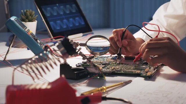 Woman's hands soldering and testing a motherboard using multimeter and oscilloscope in a laboratory workspace with specialized tools and electronics equipment.