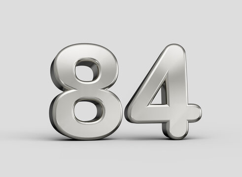 Glossy silver number 84 in sleek rounded style with soft shadow, 3D illustration.